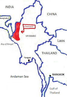 Map highlighting Chinland in western Myanmar near India and Bangladesh